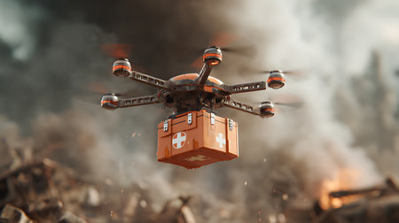 3D Illustration of a Drone flying over a burning fieldの写真素材