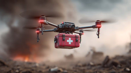 Drone flying with a red first aid kit on the background of a burning forestの写真素材