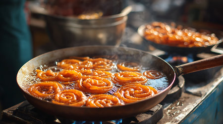 Fried persimmon slices in a frying pan on the stoveの写真素材