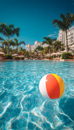 Beach ball floating in swimming pool with palm trees and luxury hotel