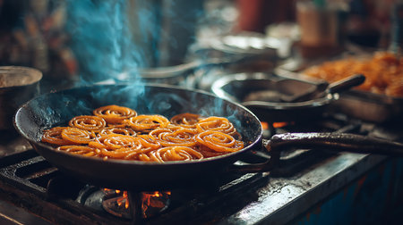 Cooking in a pan on a stove in a street food marketの写真素材