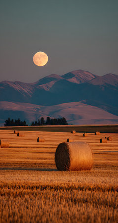 Full moon over a hay bale field in the countryside of South Island, New Zealandの写真素材