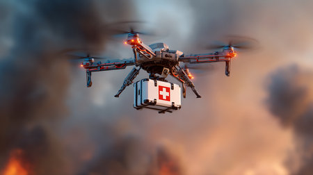 Drone with a box flying in the sky. 3d renderingの写真素材