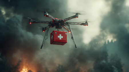 Drone with first aid kit flying in the smoke. 3D renderingの写真素材