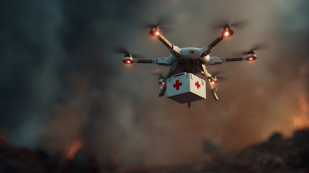 Drone flying with first aid kit in the fire. 3d illustrationの写真素材