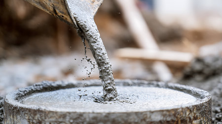 Pouring cement from a pot on a construction site, close-upの写真素材
