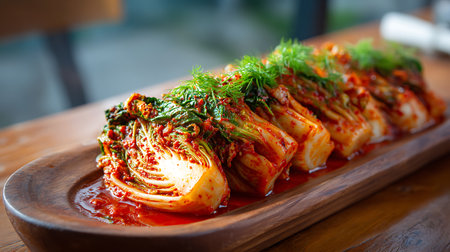 Kimchi cabbage in spicy sauce on wood table, korean foodの写真素材