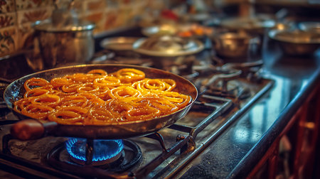 Pasta in a frying pan on a gas stove.の写真素材