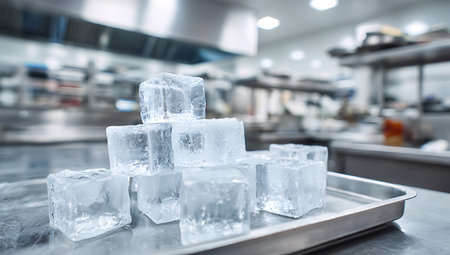 Ice cubes on a tray in a kitchen.の写真素材