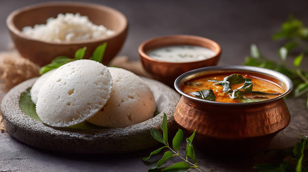 Rice and curry with coconut milk in copper bowl, selective focus