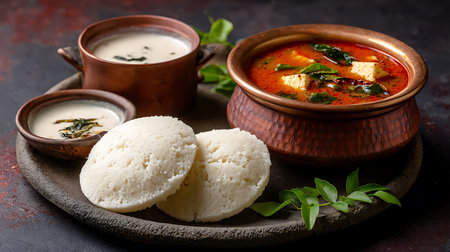 Traditional Indian spicy chicken curry with rice dumplings and coconut milkの写真素材
