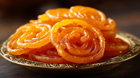 Orange sweets in a golden plate on a wooden tableの写真素材