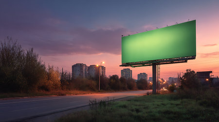 Blank green billboard on the road at sunset. 3d renderingの写真素材