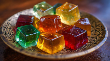 Colorful cubes in a plate on a wooden background. Selective focus.の写真素材