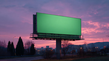 Blank green billboard on the road at sunset. 3d renderingの写真素材