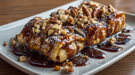 Chocolate croissant with nuts and chocolate syrup on wooden table