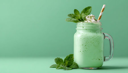 Green smoothie with whipped cream and mint in a mason jar