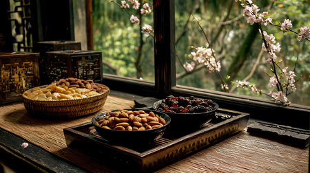 Bowls with nuts and dried fruits on the wooden table near the window