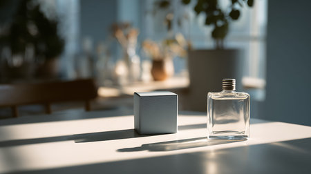 Perfume bottle on the table in the room. 3d rendering