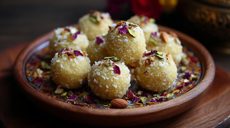 Indian sweet semolina balls with coconut and pistachios, selective focusの写真素材