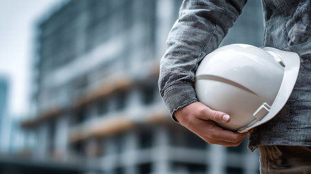Close-up of male engineer holding helmet on construction site background.の写真素材