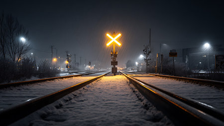 Railway at night with a cross in the foreground. The railway is covered with snow.