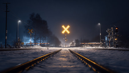 Railway tracks at night in winter. Railroad in the snow.の写真素材