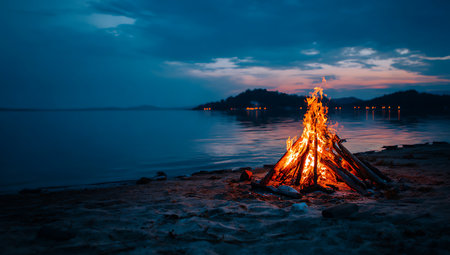 Bonfire on the beach at night. Camping on the beach.の写真素材