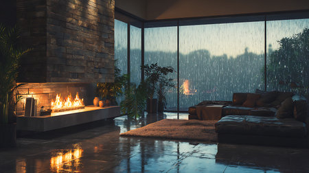 Modern living room with fireplace and panoramic view of the cityの写真素材