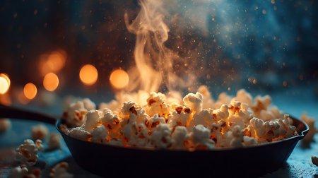 Popcorn in a frying pan on a wooden background. Selective focus.の写真素材