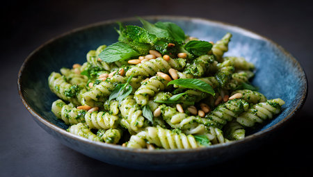 Pasta with pesto sauce, pine nuts and fresh basil leaves