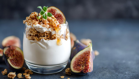 Greek yogurt with fresh figs and granola in a glass on a dark background.の写真素材