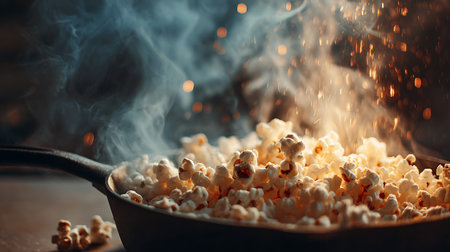 Popcorn in a pan on a wooden background. Close-up.の写真素材