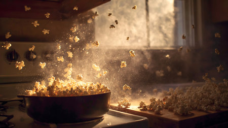 Popcorn flying out of a frying pan in the kitchen at nightの写真素材