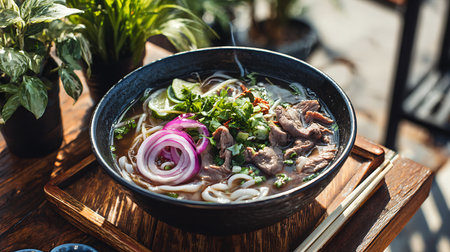 Vietnamese beef noodle soup with red onion and cilantro.の写真素材