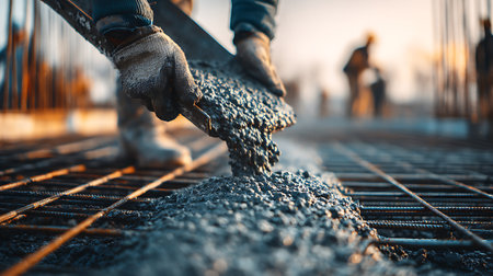 Workers pour concrete on the construction site. Close-up.の写真素材