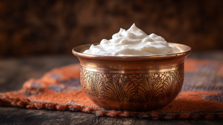 Sour cream in a copper bowl on a wooden background. Selective focus.の写真素材