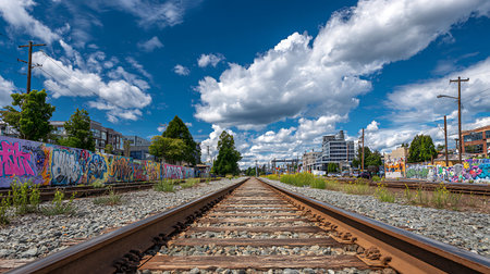 Railway tracks in a city on a beautiful summer dayの写真素材