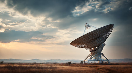 Large satellite dish in the field at sunset. Radio telescope in the evening.の写真素材