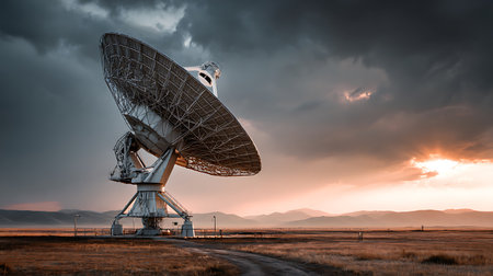 The silhouette of a radio telescope against a dramatic sky at sunset.の写真素材
