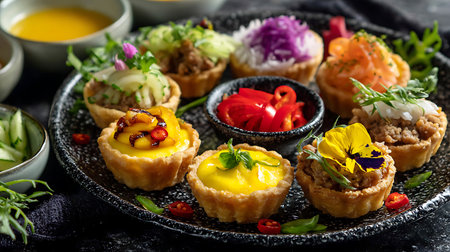 Mini tartlets with meat, vegetables and sauce on a black backgroundの写真素材