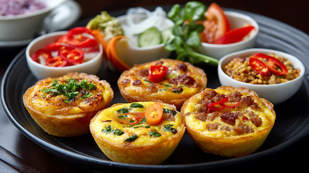Baked mini quiche with meat and vegetables on a black plateの写真素材
