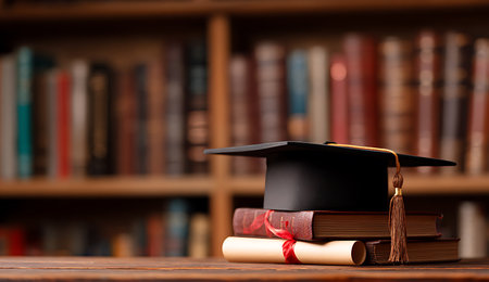 Graduation cap and diploma on bookshelf background. Education conceptの写真素材