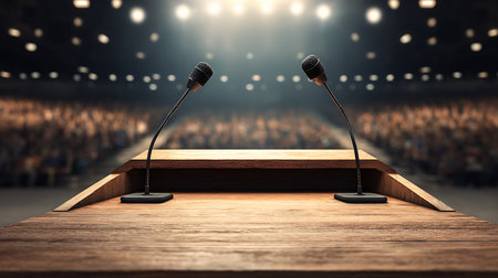 Podium with microphones at a conference hall. 3D rendering.の写真素材