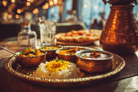 Traditional indian food in copper bowls on a wooden table. Indian cuisine.の写真素材