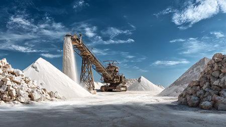 3D illustration of a mining machine in a salt mine with mountains in the backgroundの写真素材