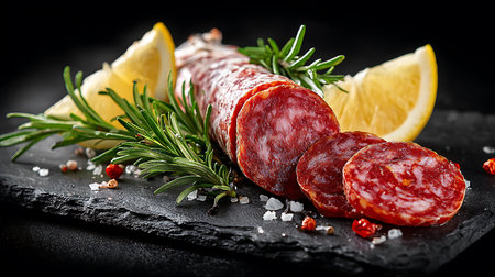 Salami sausage with rosemary and lemon on a black background.の写真素材