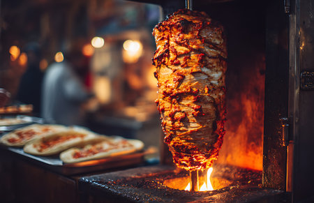 Traditional Turkish Doner kebab on a spit in the streetの写真素材