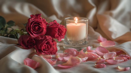 Red roses and burning candle on white fabric background. Valentines day concept.の写真素材