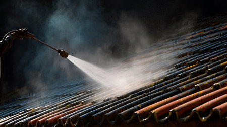 Roof cleaning with a high pressure water jet. Selective focus.の写真素材